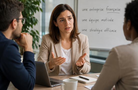 Professional woman in a business meeting looking uncertain while speaking French, illustrating common adjective agreement mistakes at work