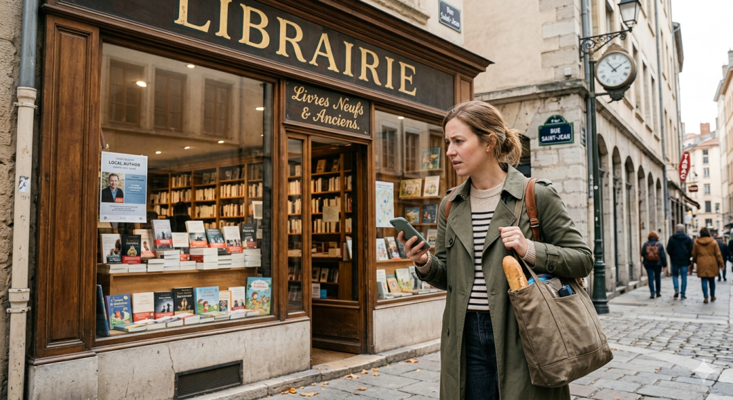 A candid, street-style photograph capturing a female traveler with a confused expression standing on a cobblestone sidewalk in Lyon, France. The traveler, wearing an olive green trench coat and carrying a canvas tote bag with a baguette, looks between her smartphone and the storefront of a classic French bookstore named "LIBRAIRIE," which features elegant gold lettering and displays of books. The scene illustrates the common confusion between a French "librairie" (bookstore) and an English "library."
