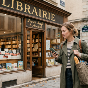 A candid, street-style photograph capturing a female traveler with a confused expression standing on a cobblestone sidewalk in Lyon, France. The traveler, wearing an olive green trench coat and carrying a canvas tote bag with a baguette, looks between her smartphone and the storefront of a classic French bookstore named "LIBRAIRIE," which features elegant gold lettering and displays of books. The scene illustrates the common confusion between a French "librairie" (bookstore) and an English "library."