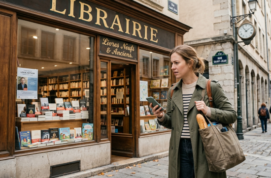A candid, street-style photograph capturing a female traveler with a confused expression standing on a cobblestone sidewalk in Lyon, France. The traveler, wearing an olive green trench coat and carrying a canvas tote bag with a baguette, looks between her smartphone and the storefront of a classic French bookstore named "LIBRAIRIE," which features elegant gold lettering and displays of books. The scene illustrates the common confusion between a French "librairie" (bookstore) and an English "library."