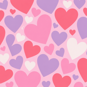 Playful pastel heart pattern with pink, coral, lavender, and cream hearts, creating a cheerful background inspired by children's cartoon illustrations.