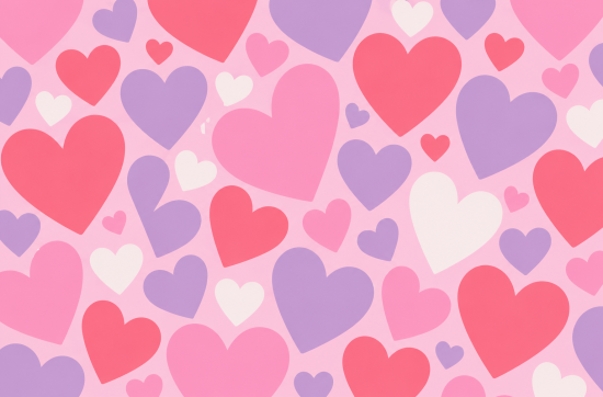 Playful pastel heart pattern with pink, coral, lavender, and cream hearts, creating a cheerful background inspired by children's cartoon illustrations.
