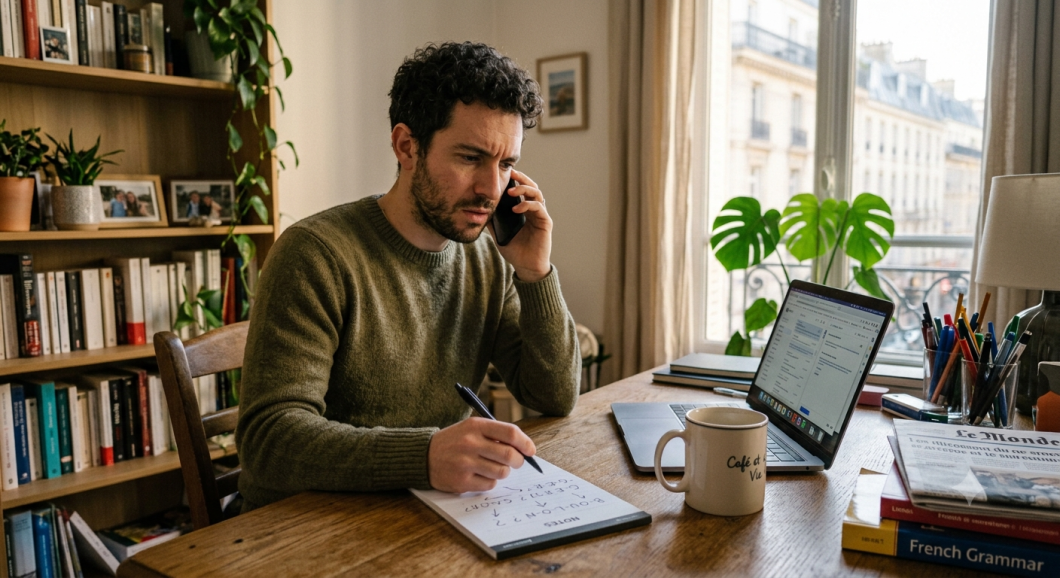 Un homme expatrié, l'air perplexe au téléphone dans son bureau à domicile, s'apprête à écrire sur un bloc-notes. Sur son bureau en bois se trouvent un ordinateur portable, une tasse de café et un livre de grammaire française, illustrant la difficulté de comprendre le français parlé.