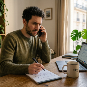 Un homme expatrié, l'air perplexe au téléphone dans son bureau à domicile, s'apprête à écrire sur un bloc-notes. Sur son bureau en bois se trouvent un ordinateur portable, une tasse de café et un livre de grammaire française, illustrant la difficulté de comprendre le français parlé.