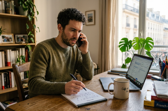 Un homme expatrié, l'air perplexe au téléphone dans son bureau à domicile, s'apprête à écrire sur un bloc-notes. Sur son bureau en bois se trouvent un ordinateur portable, une tasse de café et un livre de grammaire française, illustrant la difficulté de comprendre le français parlé.